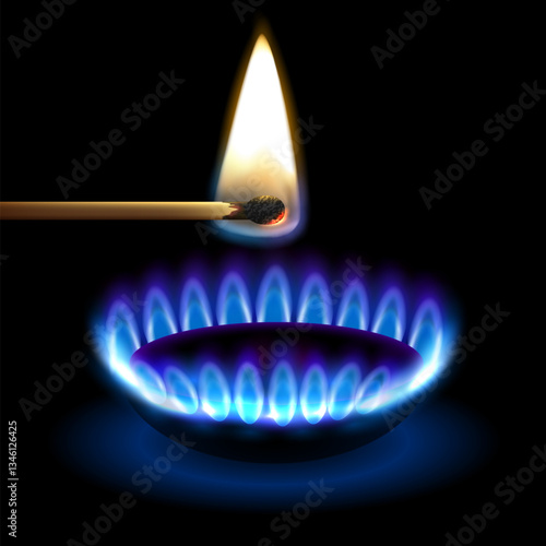 Realistic gas flame, gas burner with match stick burning