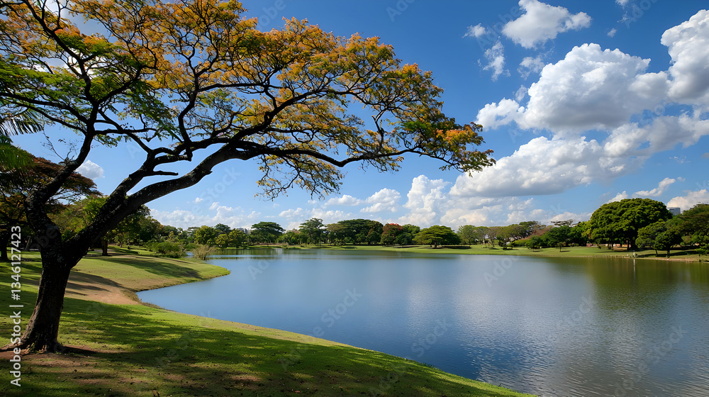 Scenic Lake Landscape with Trees and Bright Blue Sky during a Sunny Day Scenic Lake Landscape with Trees and Bright Blue Sky during a Sunny Day