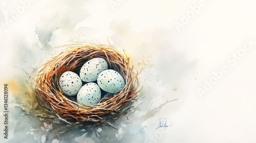 Nest with quail speckled egg in watercolor vintage style. Brown wood bird home. Hand drawn spring illustration. Ideal for invitation template design. Cute artwork for springtime greeting card.