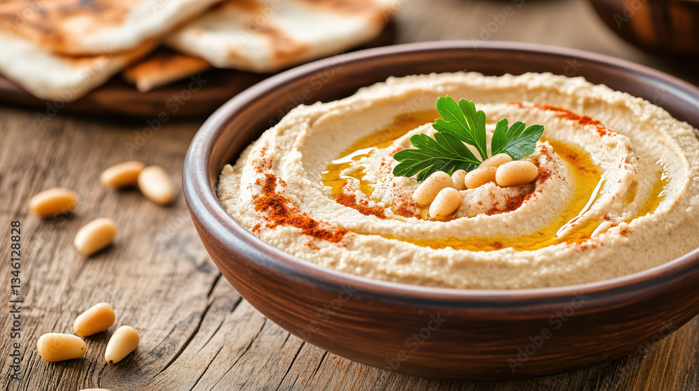 Creamy hummus topped with olive oil and pine nuts, served with pita bread, is delightful dish Creamy hummus topped with olive oil and pine nuts, served with pita bread, is delightful dish