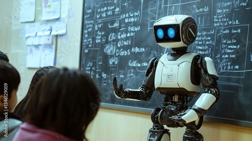 Robot teacher and students work together at blackboard in classroom. Future education in school or college, artificial intelligence technology cartoon flat style isolated vector concept