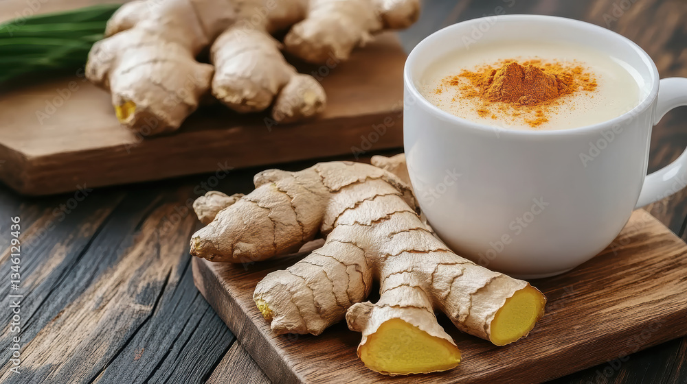 Fresh ginger and turmeric roots with cup of spiced drink evoke warmth and health Fresh ginger and turmeric roots with cup of spiced drink evoke warmth and health