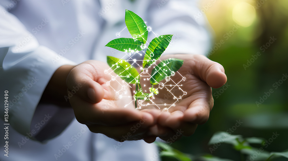 Businessman hold biotechnology network connecting icon representing advancements in medical research, agriculture, healthcare, environmental solutions, innovative solutions, and sustainable practices