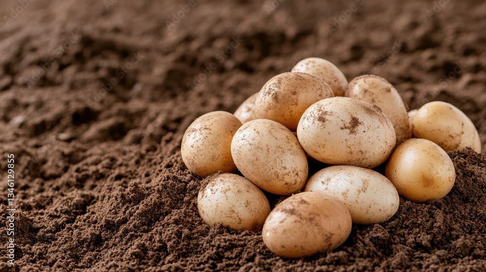 Freshly harvested potatoes resting rich soil, showcasing their earthy texture and natural beauty Freshly harvested potatoes resting rich soil, showcasing their earthy texture and natural beauty