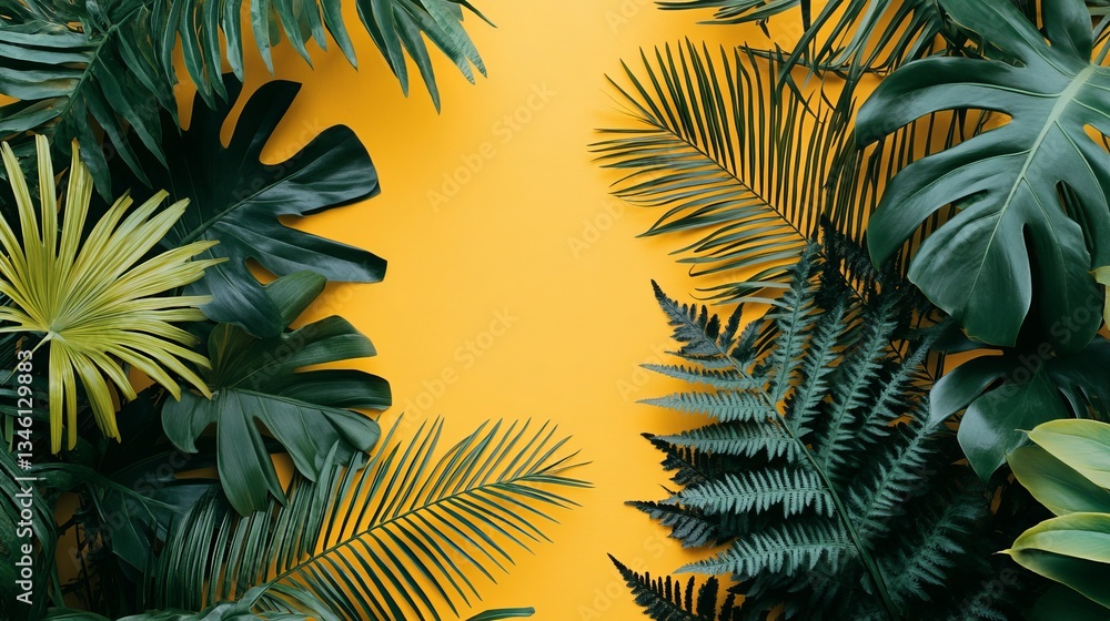 A vibrant tropical background with green palm leaves and ferns on a bright yellow background. Detailed vector illustration featuring exotic foliage in a fresh summer composition. A vibrant tropical background with green palm leaves and ferns on a bright yellow background. Detailed vector illustration featuring exotic foliage in a fresh summer composition.