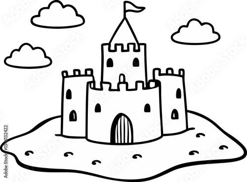Minimalist Sandcastle Outline with Clouds  Beach Illustration