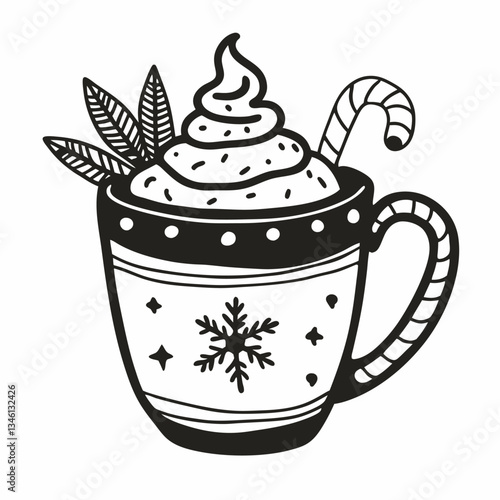Festive Mug with Cream, Candy Cane, and Leaves in Black and White Line Art