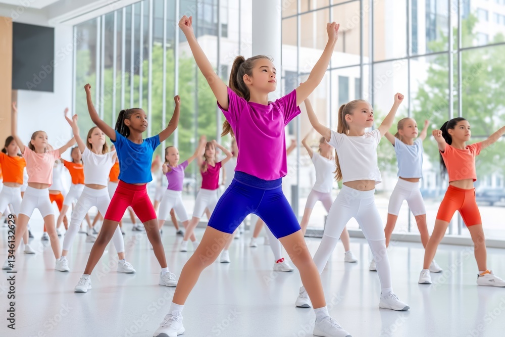 Naklejka premium Group of young girls in colorful sports outfits performing synchronized aerobic exercises in a bright fitness studio