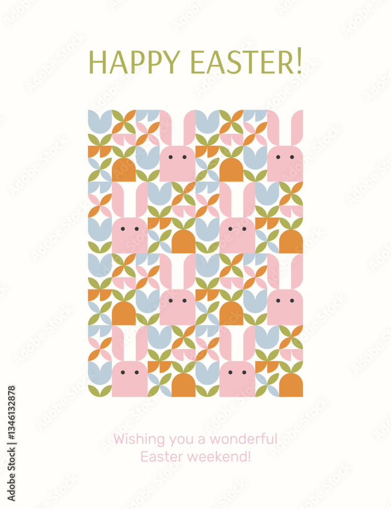 Happy Easter greeting card with cute bunnies and spring flowers. Creative Easter design concept. Happy Easter greeting card with cute bunnies and spring flowers. Creative Easter design concept.