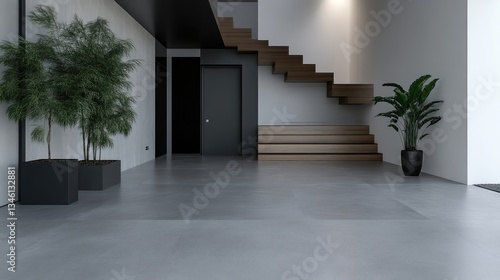 Modern  minimalist hallway with wooden stairs and plants.  Spacious entryway design with neutral color palette