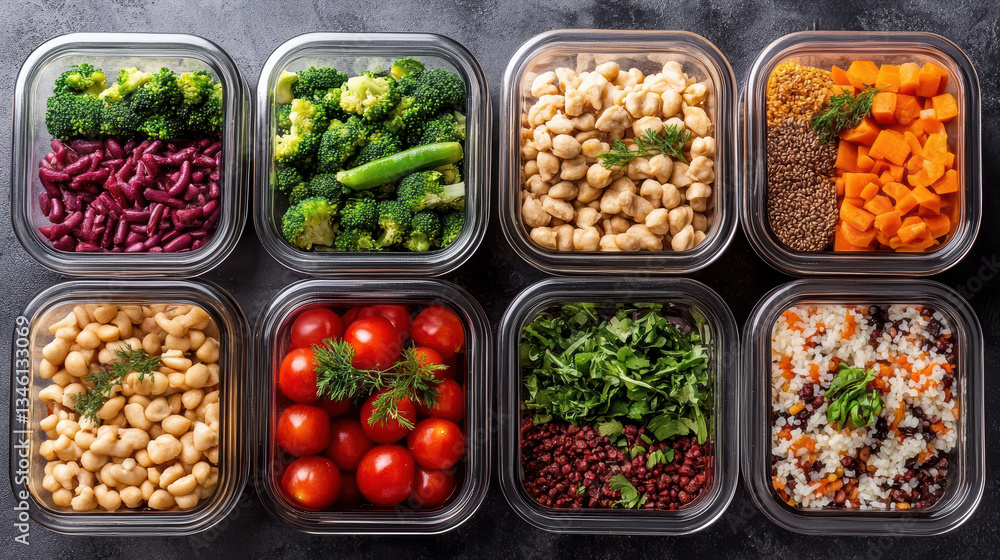 Colorful meal prep containers filled with healthy vegetables and grains, promoting balanced diet Colorful meal prep containers filled with healthy vegetables and grains, promoting balanced diet