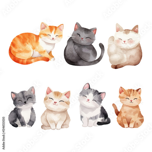 Cute watercolor cartoon cat clip art set, isolated on a white background
