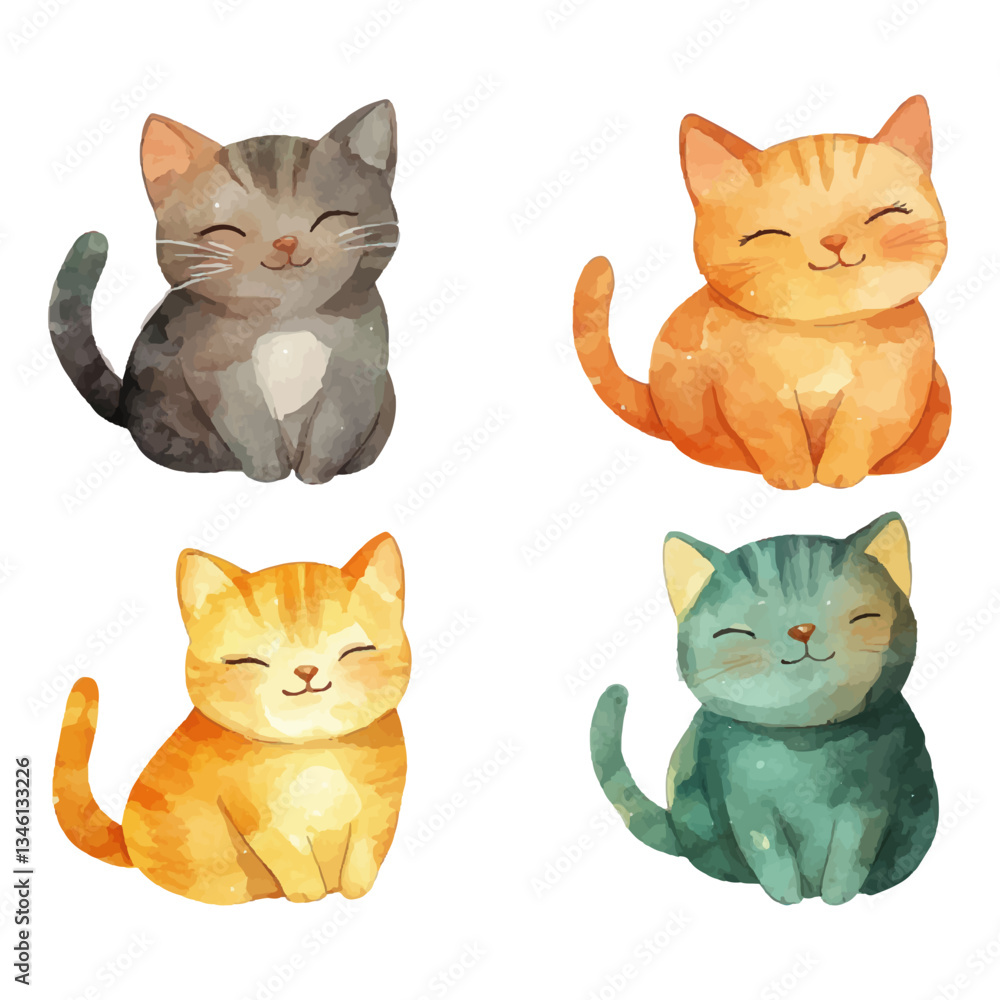 custom made wallpaper toronto digitalCute watercolor cartoon cat clip art set, isolated on a white background