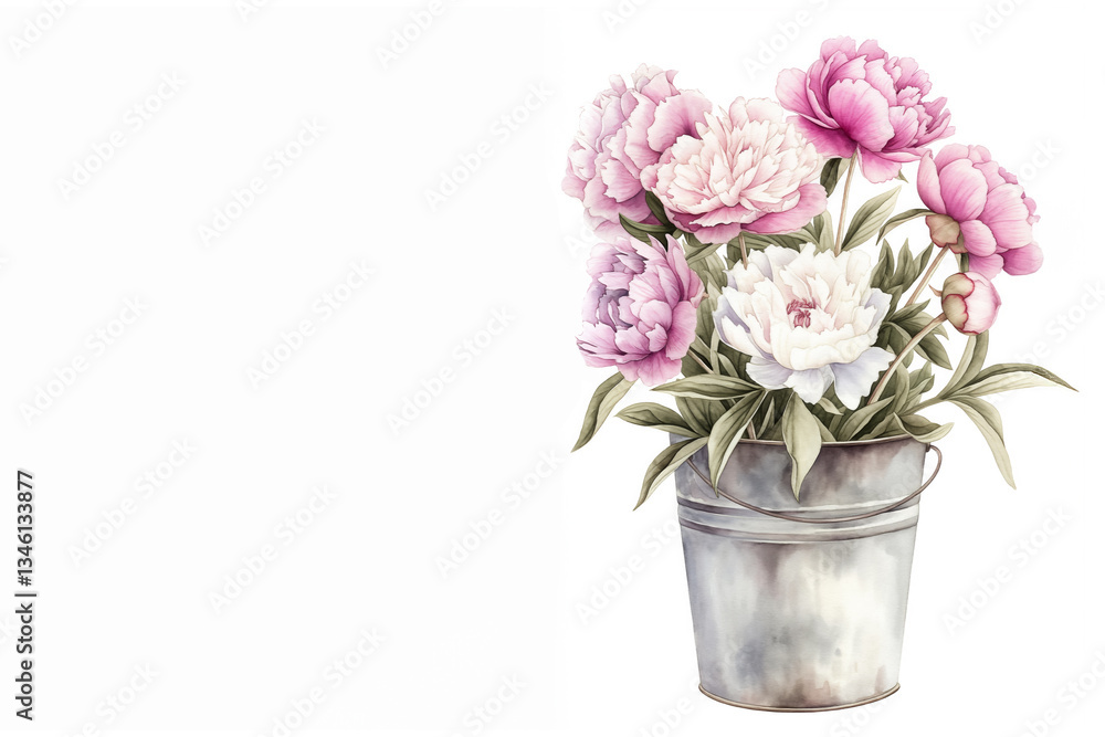 Beautiful bouquet of peonies in a rustic metal bucket placed against a plain background Beautiful bouquet of peonies in a rustic metal bucket placed against a plain background