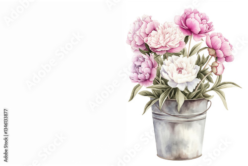 Wallpaper Mural Beautiful bouquet of peonies in a rustic metal bucket placed against a plain background Torontodigital.ca