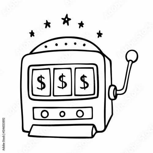 Hand Drawn Slot Machine  Illustration with Dollar Signs and Stars