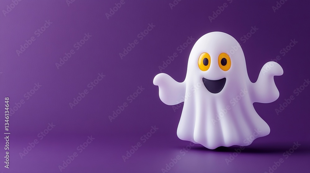 A Halloween banner featuring a ghost figurine with glowing yellow eyes, set against a purple background. Includes space for your text. A Halloween banner featuring a ghost figurine with glowing yellow eyes, set against a purple background. Includes space for your text.