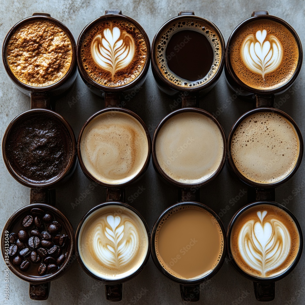 A row of coffee cups with different flavors and designs A row of coffee cups with different flavors and designs