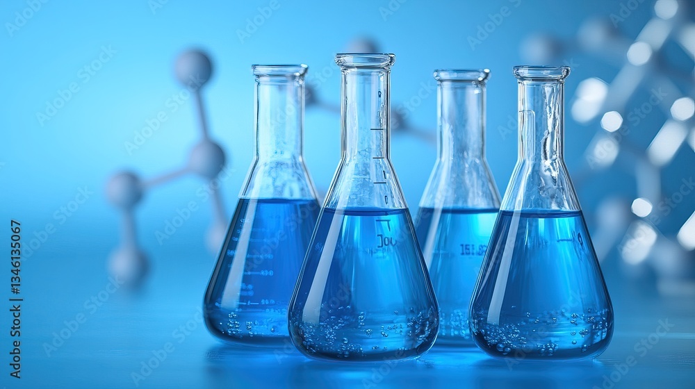 Laboratory glassware with blue liquid on abstract background. AI generated image Laboratory glassware with blue liquid on abstract background. AI generated image