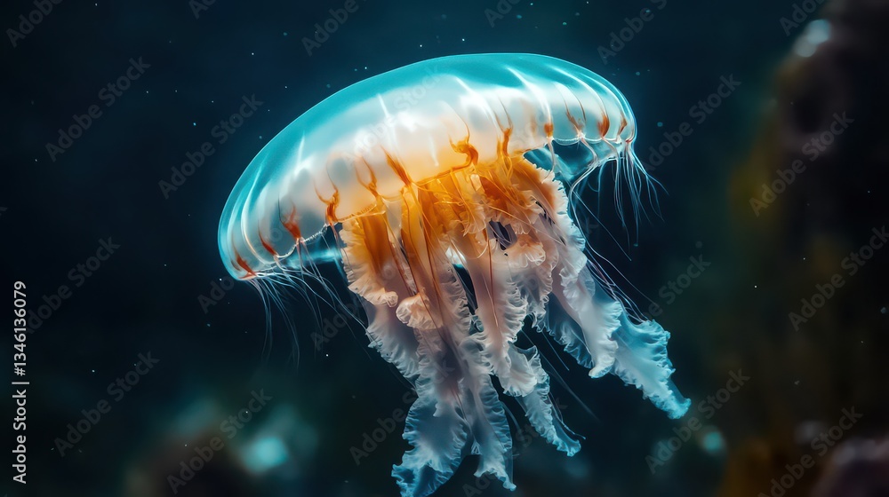 Fototapeta premium A stunning 4K VR close-up of a glowing jellyfish floating gracefully.