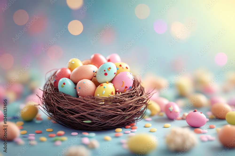 Colorful easter eggs in nest celebrating spring food photography bright environment close-up view festive concept Colorful easter eggs in nest celebrating spring food photography bright environment close-up view festive concept
