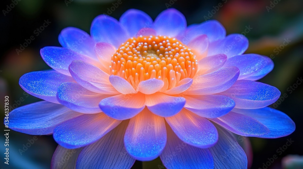 Lotus Blue petals encircle bright orange center, macro floral closeup view