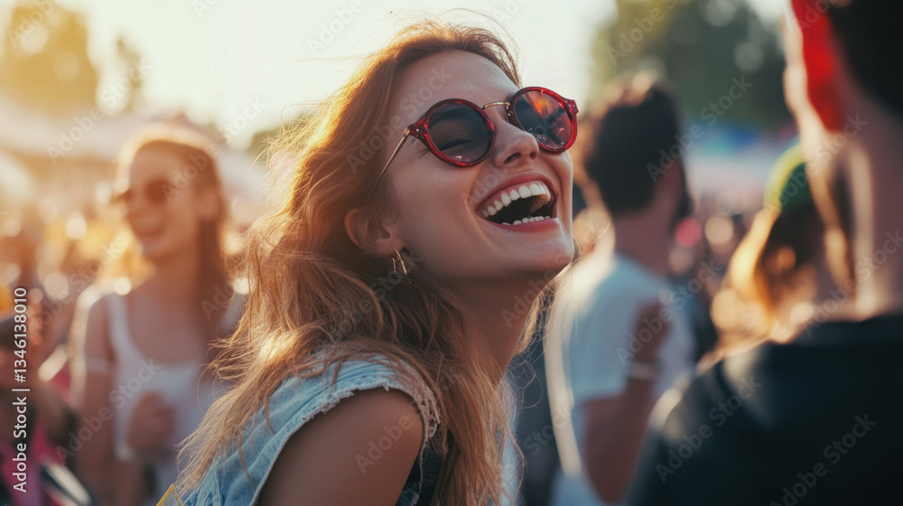 A candid shot of people laughing and enjoying a music festival A candid shot of people laughing and enjoying a music festival