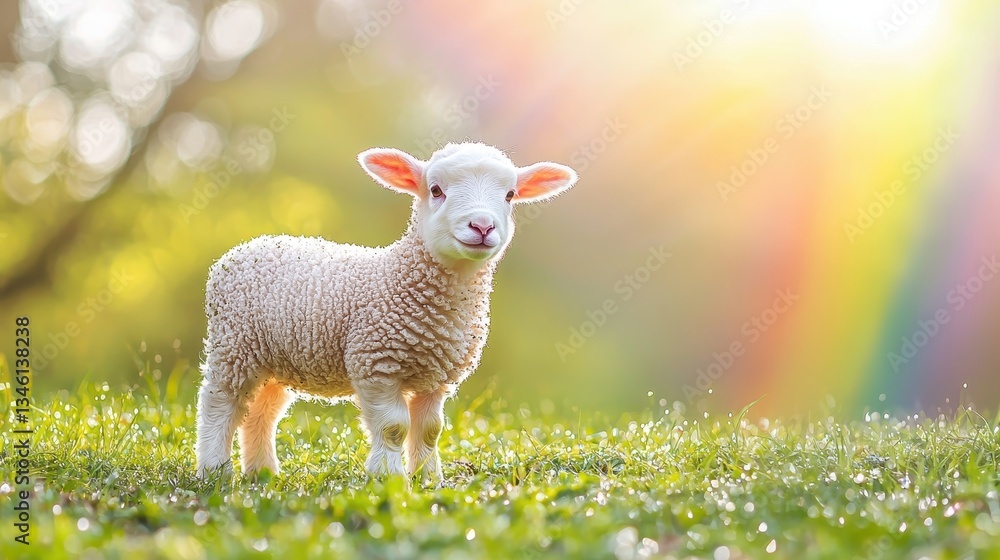 Fototapeta premium Playful lamb grazing in sunlit meadow nature photography vibrant atmosphere close-up