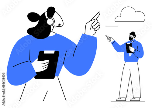 Two professionals in conversation one points upwards while holding a clipboard. Ideal for teamwork, communication, strategy, leadership, collaboration, guidance, planning. Flat simple metaphor