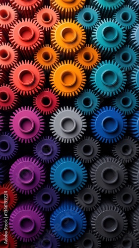 Wallpaper Mural A vibrant arrangement of colorful gears showcasing a variety of shapes and sizes, creating a visually striking pattern. Torontodigital.ca