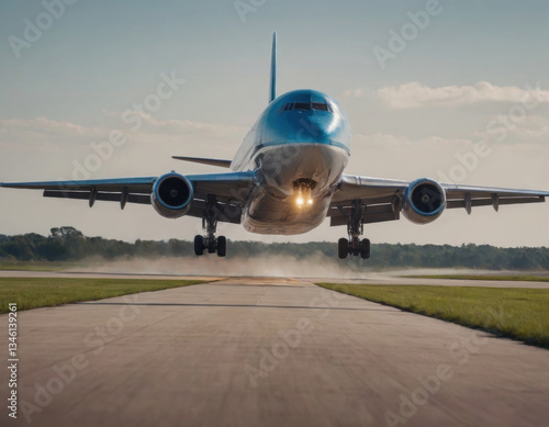 Passenger plane takes off on the runway. Realistic illustration