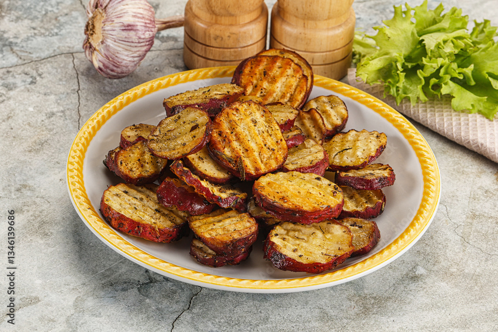 Baked red batat slices with herbs Baked red batat slices with herbs