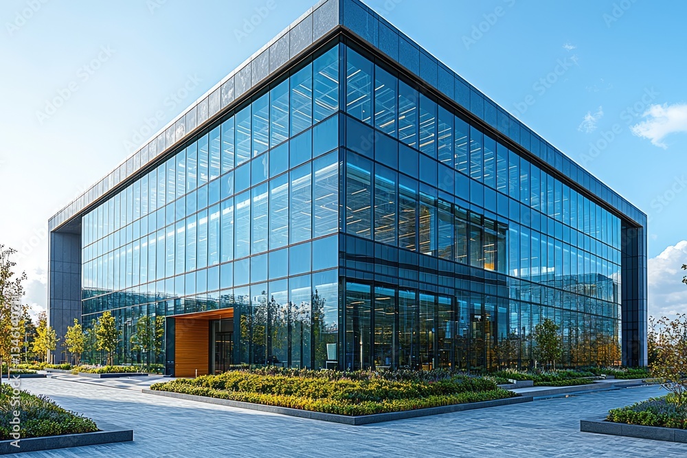 Obraz premium Modern commercial building with large glass windows and landscaping
