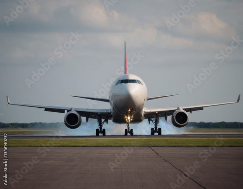 Passenger plane on the runway. Realistic illustration