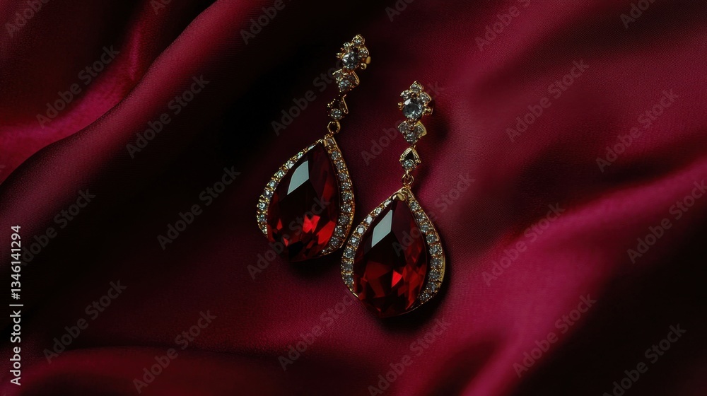 Fototapeta premium A pair of stunning chandelier earrings placed on a rich plum-colored backdrop