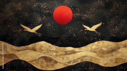 Abstract art, cranes flying over gold mountains, red sun, night sky, decorative,  background, digital art, poster design