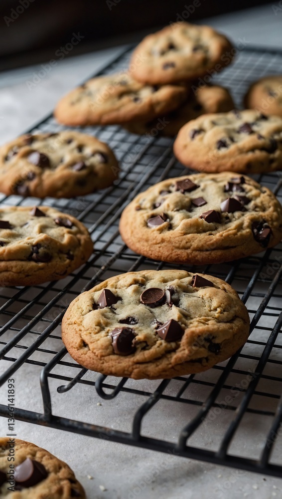 Chocolate chip cookies on a cooling rack in a bakery Chocolate chip cookies on a cooling rack in a bakery