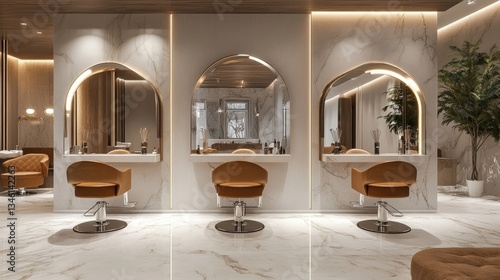 Beauty salon interior with luxury studio mirrors, makeup chairs, modern hairstyle space, fashionable barbershop design, contemporary spa furniture