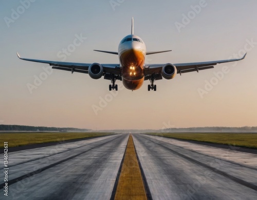 Passenger plane takes off on the runway. Realistic illustration