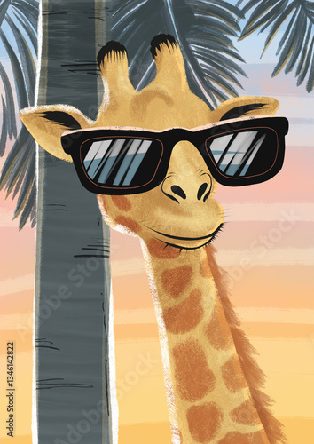 Giraffe wearing sunglasses relaxing on the beach, digital drawing, colored pencils. Anthropomorphic animal