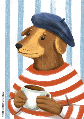 Dog wearing t-shirt and beret holding cup of coffee or tea, digital drawing with colored pencils. Anthropomorphic animal