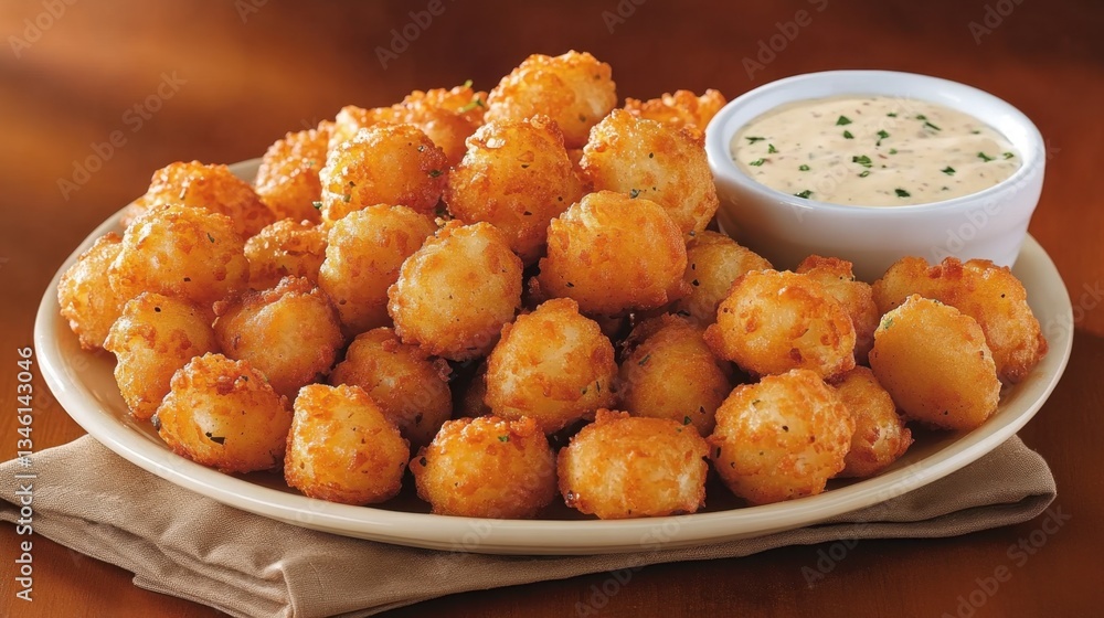 A plate of golden onion rings with dipping sauce against a rustic brown background A plate of golden onion rings with dipping sauce against a rustic brown background