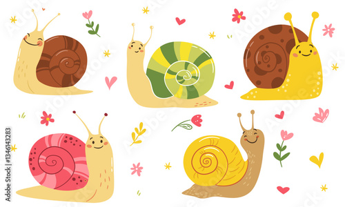 A set of flat vector illustrations in a simple children's style. Cute snails of different colors, hearts, flowers and daisies . Vector illustration