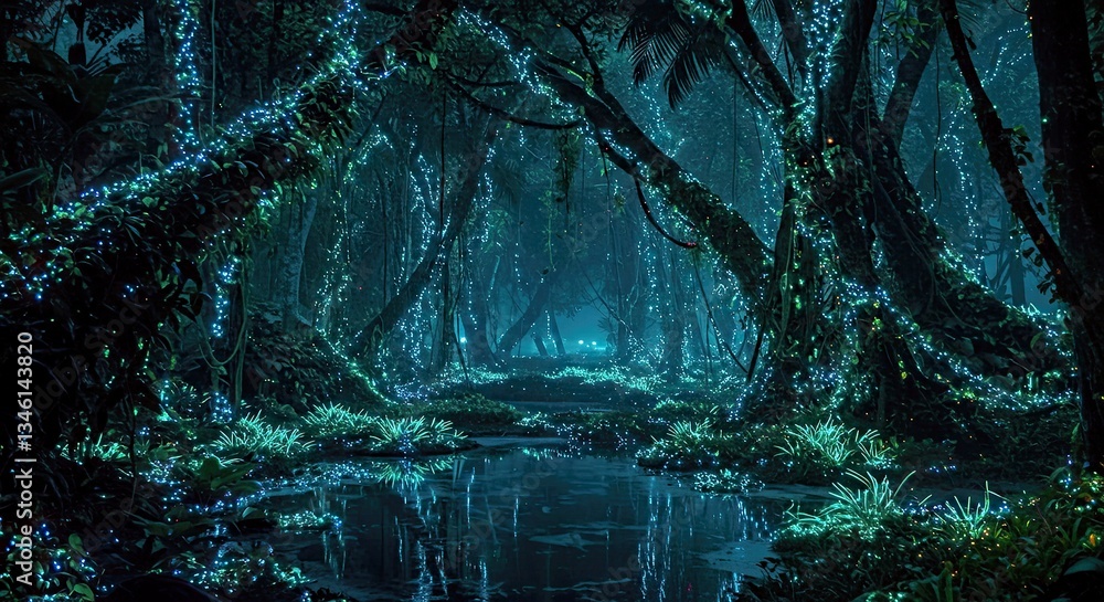 Obraz premium A secret oasis glowing with bioluminescent plants at night