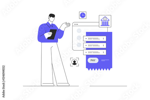 Digital business concept. Man work with virtual transactions. Management, planning, banking online. Flat Cartoon Vector Illustration, icon. Stylish abstract design web