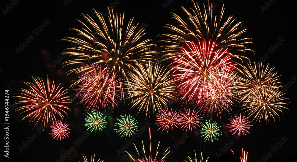 Spectacular Fireworks Display Night Sky Festive Celebration Red Gold Green Pyrotechnics Spectacular Fireworks Display Night Sky Festive Celebration Red Gold Green Pyrotechnics