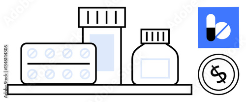 Pill bottles and blister pack on a shelf with a capsule icon and dollar coin. Ideal for healthcare, pharmacy, medicine, cost, treatment, budgeting, accessibility. Flat simple metaphor