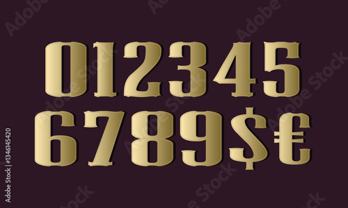 Golden numbers 0-9 with vintage symbols $, € in an elegant classic style. Suitable for branding, pricing labels, posters, and retro-inspired graphic designs.