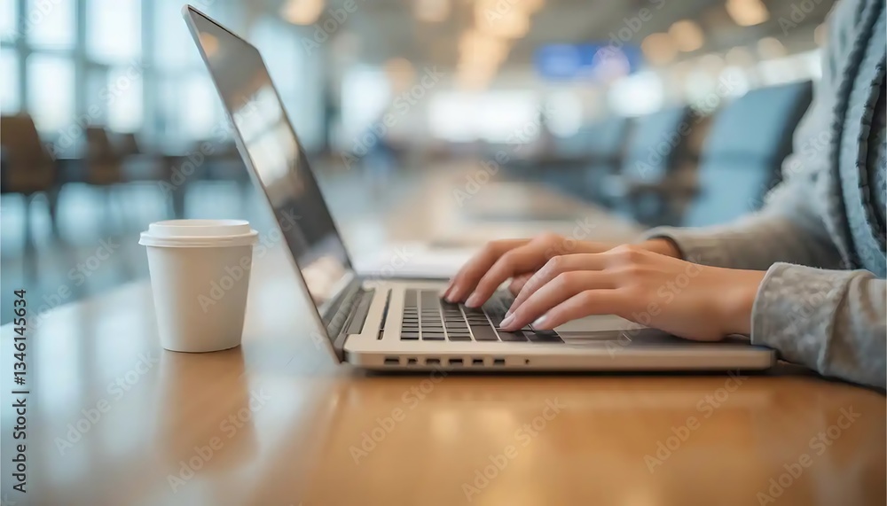 Typing on Laptop with Coffee at Airport Lounge for Travel Typing on Laptop with Coffee at Airport Lounge for Travel
