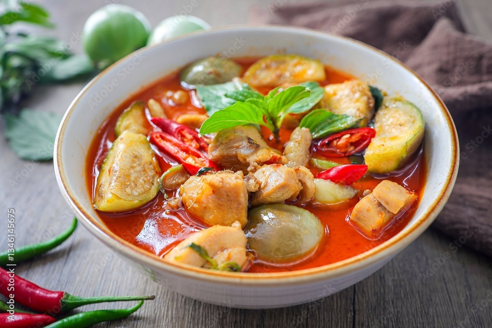 Red Curry with Chicken and Egg plant in ceramic bowl on wooden background, Red Curry with Chicken and Egg plant in ceramic bowl on wooden background,